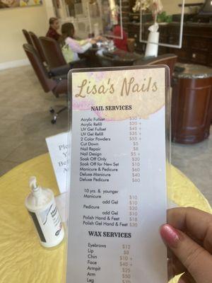 Price list, note regular pedicure and manicure price not listed for adults