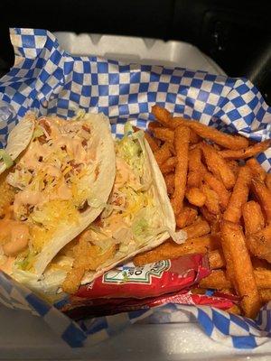 Taco Tuesday shrimp taco with sweet fries