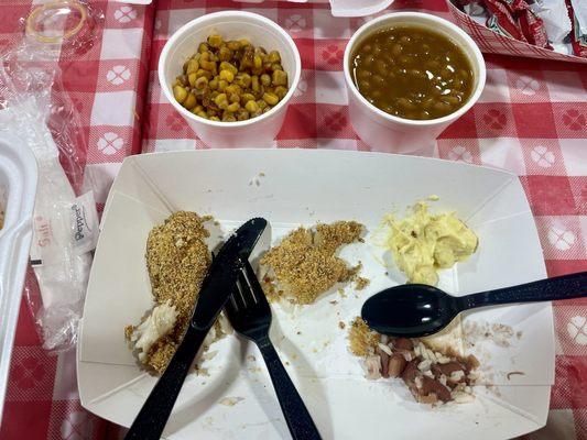 Catfish, corn, & baked beans. Small sample size of potato salad & red beans and rice.