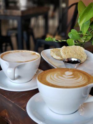 English muffin with jam, latte, cappuccino..  I also had a chocolate croissant totally forgot to take a picture.