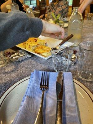 Breakfast, frittata, fresh fruit and home fries