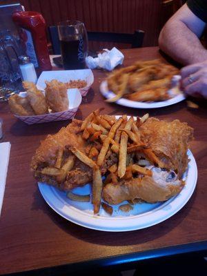 Delicious mixed chicken ( minus a wing), tenders ( back), & onion rings