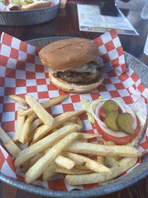 Mushroom Swiss burger and fried