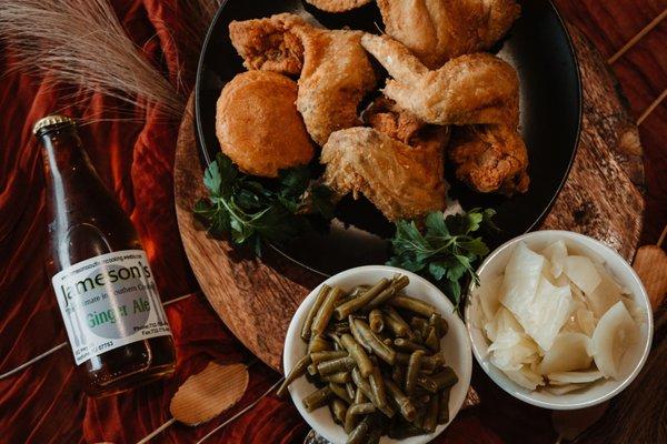 Award Winning Jumbo Wings with String Beans, Cabbage and Corn bread.