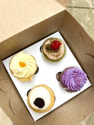 Mango Cream Cupcake, Matcha Cherry Blossom Cupcake, Tres Leches Cupcake & Purple Velvet Cupcake