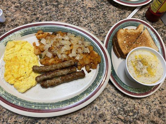 Home potatoes with onions and bell pepper. Eggs and sausage links with toast and grits.