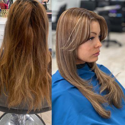 | Before and after | Highlights and haircut by Angela