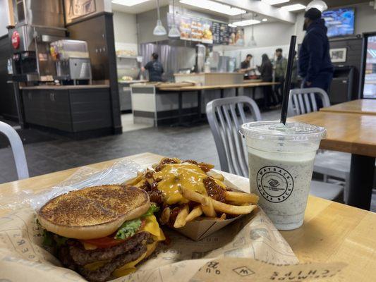 CHEEEESY BURGER ! Yum!  Regular Chili Cheese Fry Oreo Mint Milkshake