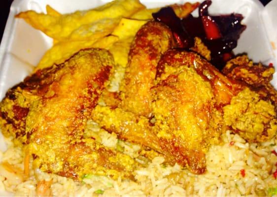 Spicy House special fried rice, chicken wings, boneless spare ribs and crab Rangoon!!! Delicious!!!