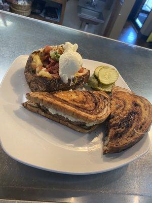 Patty melt and loaded baked potato