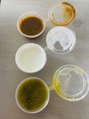 Top: hot sauce, sour cream and bottom: medium sauce, all so good!