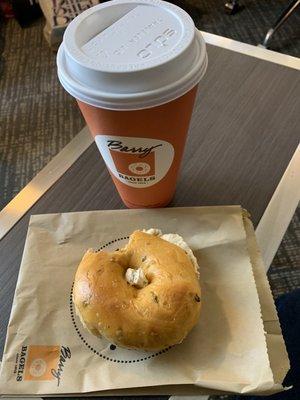 Jalapeño cheese bagel with jalapeño spread , toasted. Large coffee