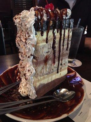 Mile High ice cream pie- layers of chocolate cookie crust, French vanilla, mocha almond fudge, classic chocolate.