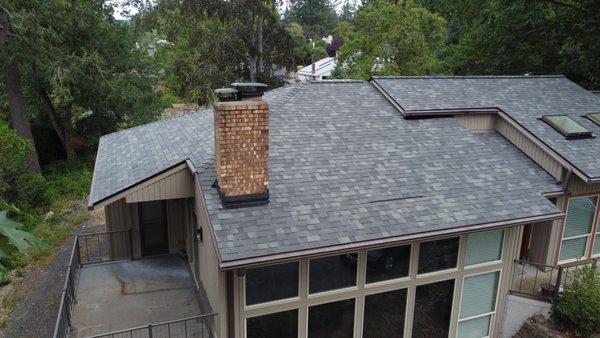 Shake T/O, 1/2" Plywood, Malarkey Vista Install with Certainteed In-Deck Intake Vents, Certainteed Ridge Vent.