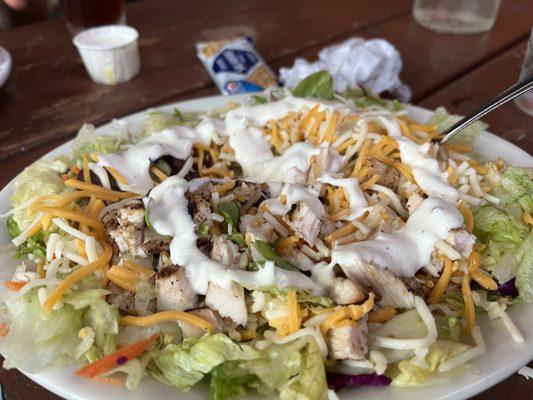 Chicken chef salad with only cheese, chicken, and ranch for DD