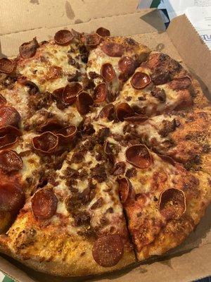 Thick, pep and bacon. Medium Pizza with extra sauce and well done.