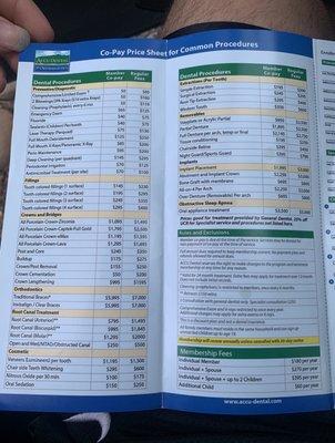 Co-Pay price sheet for common procedures