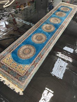 Pretty silk rug on the wash floor getting ready to be washed.  Call now for a quick rug cleaning quote 678-523-7032!