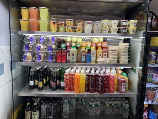 Fruit salad/yogurts/puddings/fresh juices.