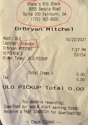 Receipt showing where Brandon (Restaurant Manager) refunded money.