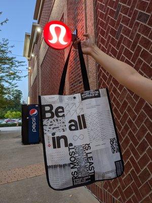 lululemon black and white medium-sized bag. On our way back to the parking lot from their new space at suite 835.