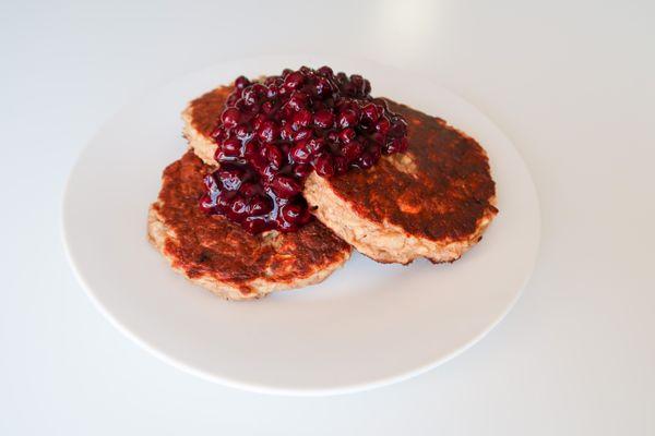 Plant based protein pancakes with house blueberry compote