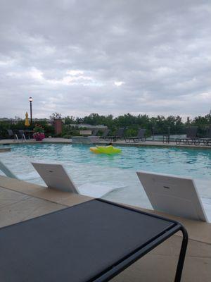 Pool area overlooks the lake for scenic view