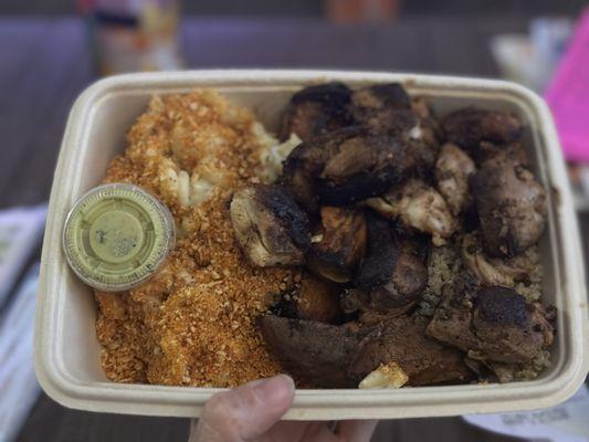 Quinoa, chicken thigh, Mac n cheese and roasted sweet potatoes with the cilantro avocado dressing