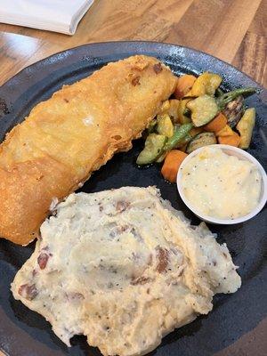 Beer batter haddock, mixed veggies, Boursin mashed potatoes