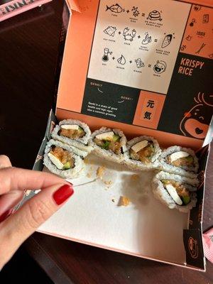 One of the rolls came with a spine on it. And the salmon roll doesn't look like the picture on the website. Very disappointed.