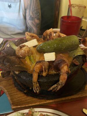 Shrimp and steak Molcajete