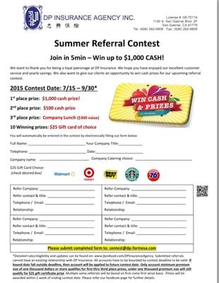 DP Insurance agency is doing a referral promotion. Refer a friend or business& win up to $1000 cash prize.