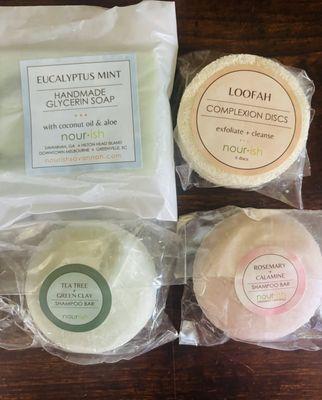 Tea tree shampoo bar, rosemary calamine shampoo bar, complexion disks, and eucalyptus mint glycerin soap