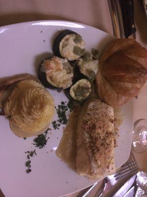 Whitefish, potatoes, and croissant