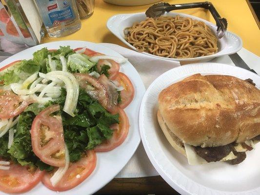 Steak sandwich, fresh salad, phenomenal spaghetti!