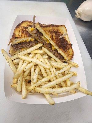 Patty Melt with lemon pepper fries