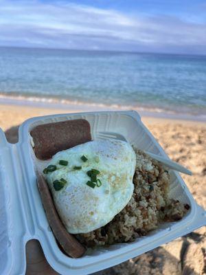 Spam, over easy eggs and fried rice