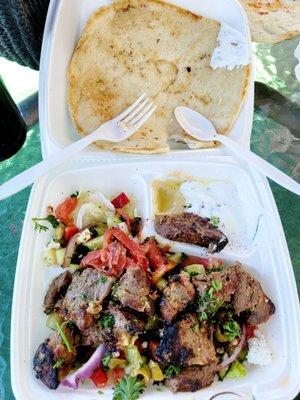 Lamb Kabob to-go,  substitute rice for salad. Yummy!