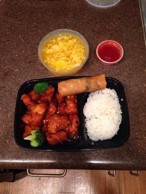 The Chef: orange chicken, steamed rice, egg drop soup and spring roll! Yummy!