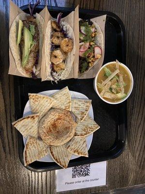 Avocado Fish taco Grilled Shrimp taco Black Bean Taco with Hummus and Naan Chicken Tortilla Soup