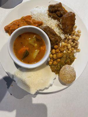 Nan, Chana masala, tandoori chicken, rice, chicken tikka masala