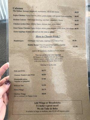 Backside of updated menu 6/24/18