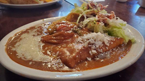 Chile Relleno, Chicken Enchilada and crispy Caritas taco.