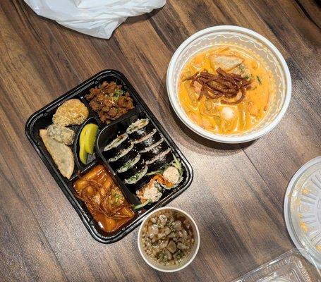 Overview of the gimbap box and rose topokki soup.