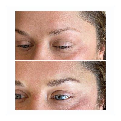 Extremely natural eyebrow tattoo by Sherri. before & after photo taken on the same day!