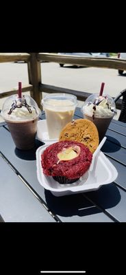 Iced White Mocha Coffee, Two Chocolate Frappuccinos, Red Velvet Cheesecake Muffin, & a chocolate chip cookie.