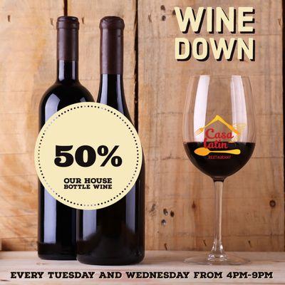 Starting from tomorrow 07/25/17 every Tuesday and Wednesday from 4pm to 9pm. Our house wine 50% off #winedown #casalatinakc #happyhourkc