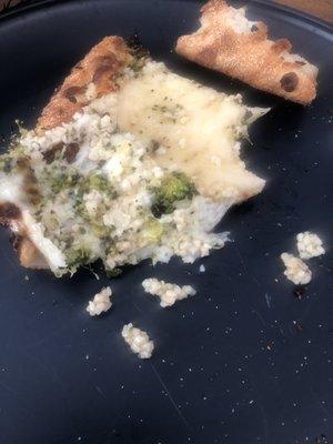 White pizza with broccoli. Way too much garlic.