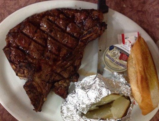 20oz T-bone $15.99 charred/fork tender. More bone-in NY Strip not much meat on opposite side of the bone