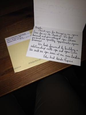 Whoa! They sent me handwritten thankyou letter! Who does that?! Pete's Ind Honda Repair, that's who.